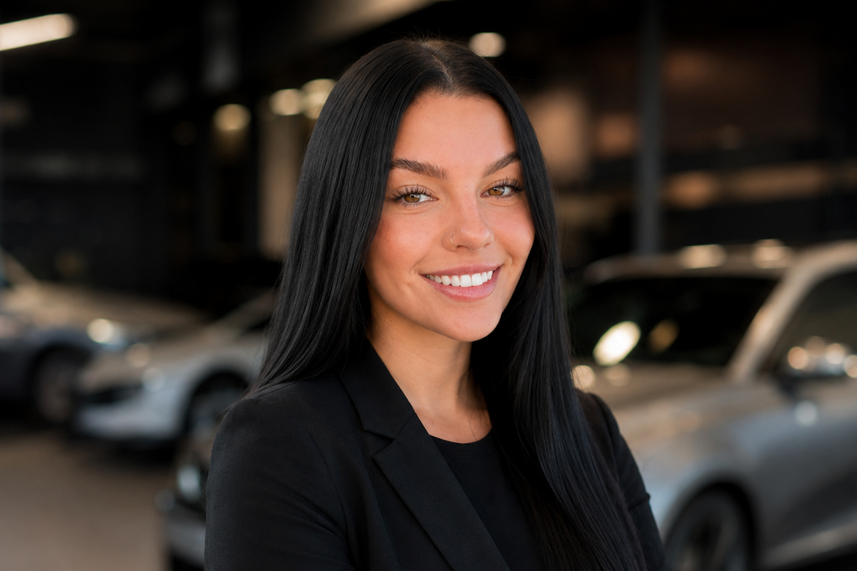A smiling woman with long black hair stands in a car dealership showroom, wearing a black blazer over a black top, with blurred silver cars in the background.