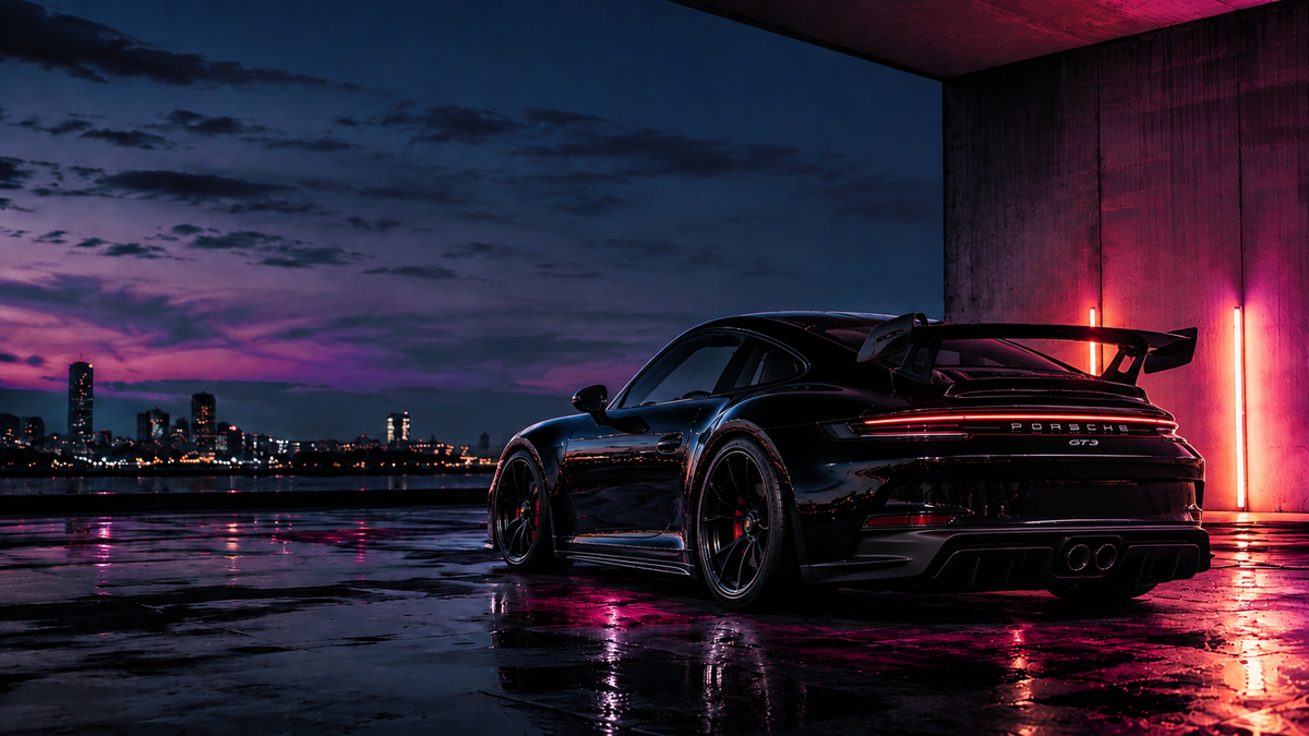 A black Porsche 911 GT3 R is photographed from the rear three-quarter angle on a wet reflective surface at dusk, with a city skyline and purple-pink sky in the background.