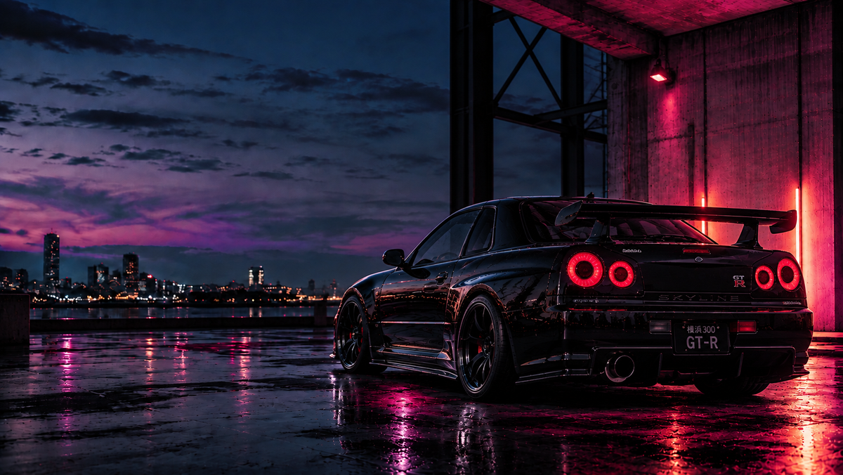 A black Nissan Skyline R32 GT-R sports car parked on a wet concrete structure at dusk, with city lights and a purple-pink sky reflected on the wet ground.