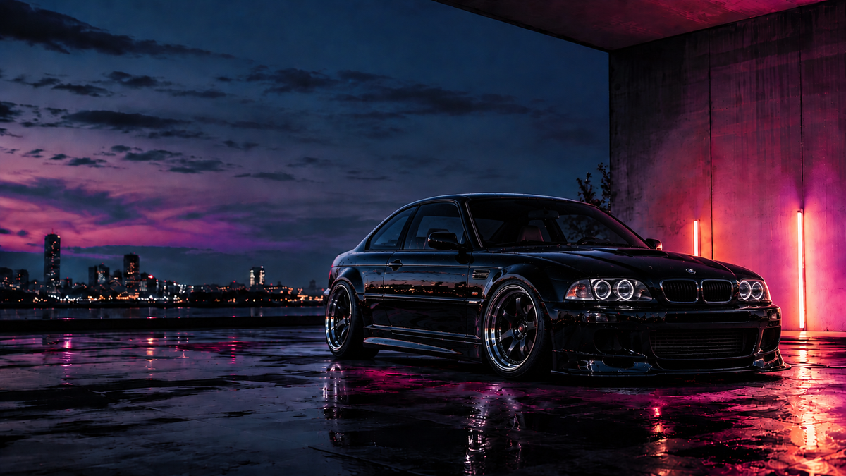 A black BMW M2 coupe parked on a wet reflective surface under a concrete bridge at dusk, with pink neon lighting on the right and a city skyline in the background.